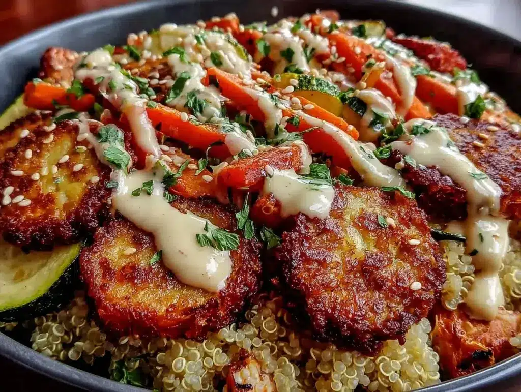 bowl quinoa légumes rôtis sauce tahini citron - featured image