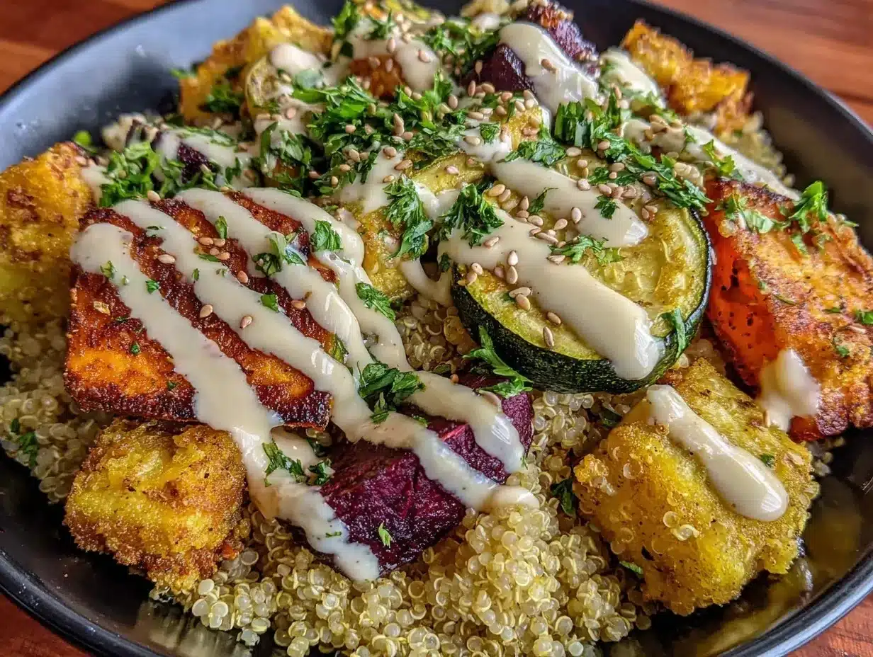 bowl quinoa légumes rôtis sauce tahini citron preparation steps