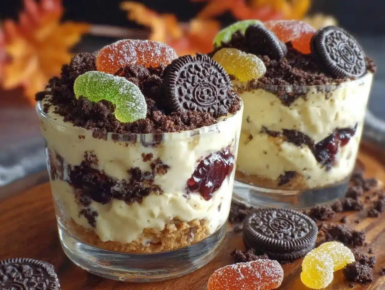 coupes gâteau terre sombre Oreo Halloween preparation steps