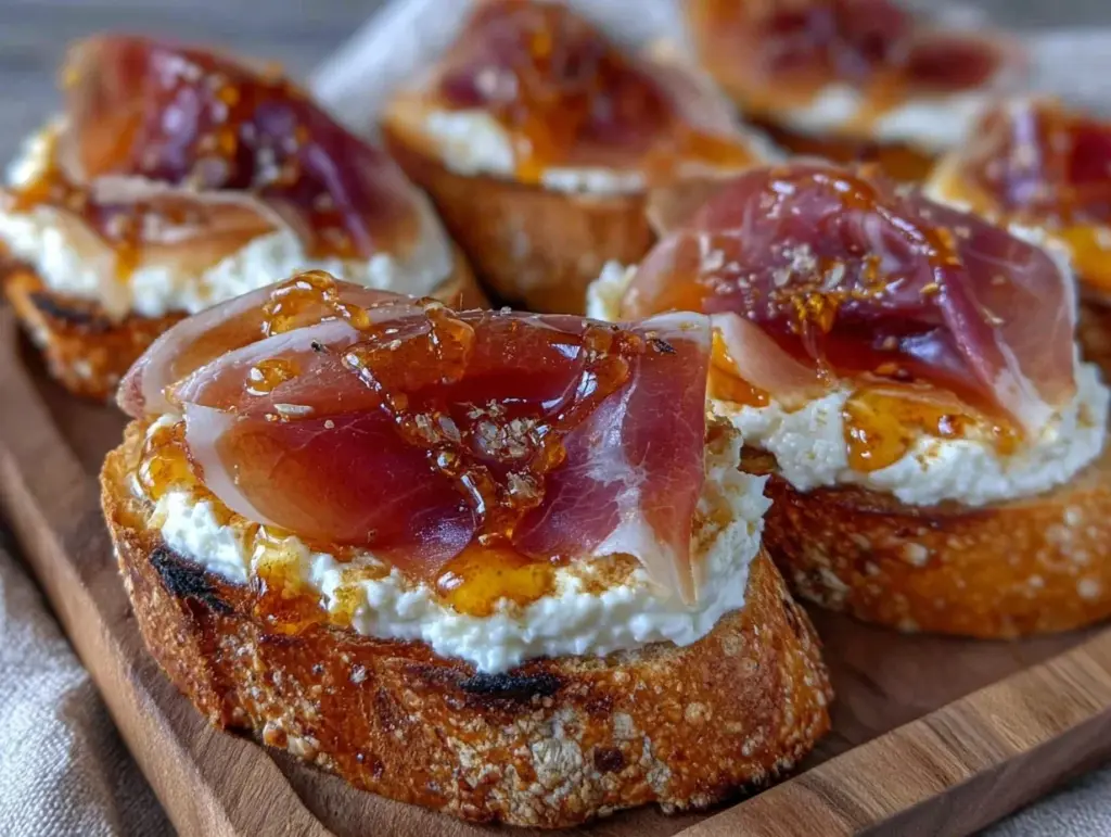 crostini ricotta crémeuse au miel épicé et prosciutto - featured image