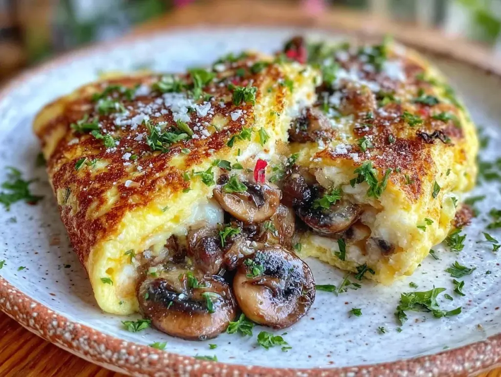 omelette crémeuse farcie aux champignons ail et persil - featured image