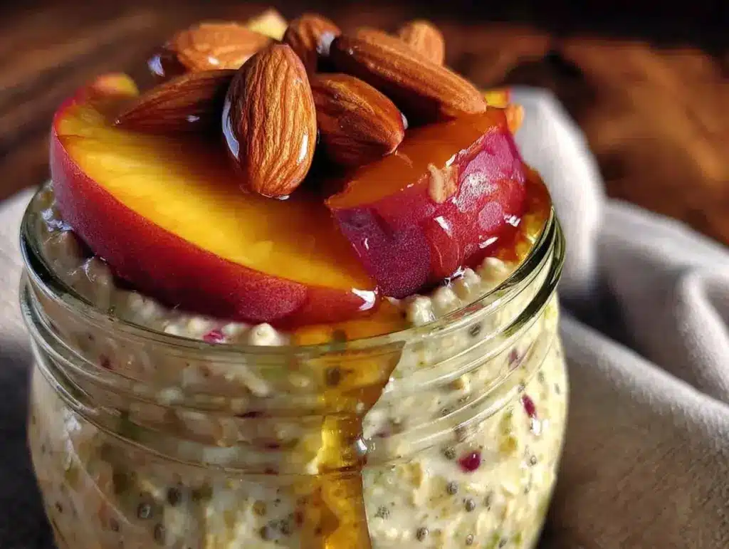 overnight oats pêche miel amandes - featured image
