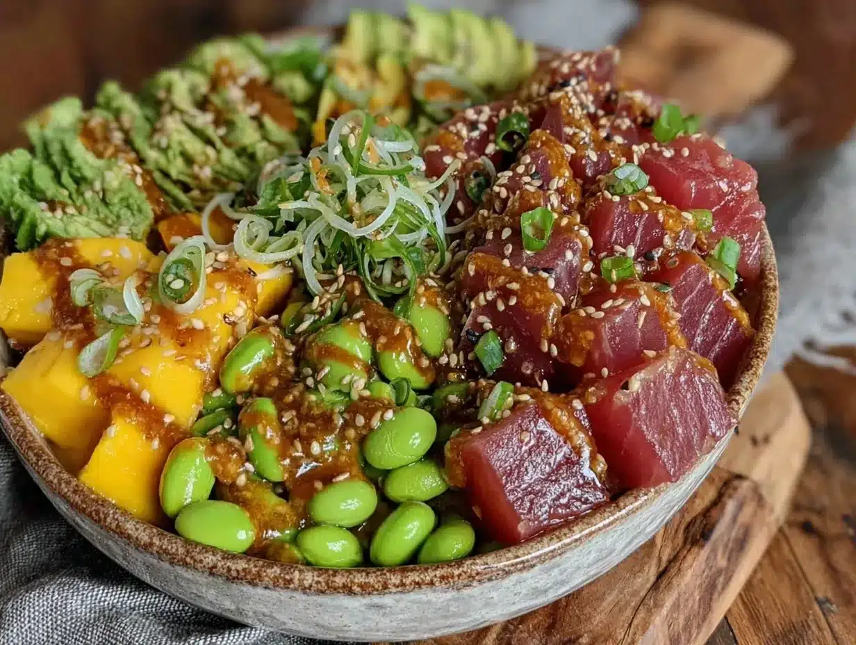 poke bowl thon cru mangue edamame preparation steps