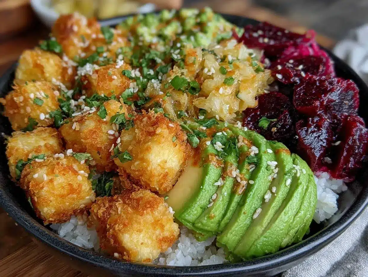 poke bowl végétarien au tofu croustillant preparation steps