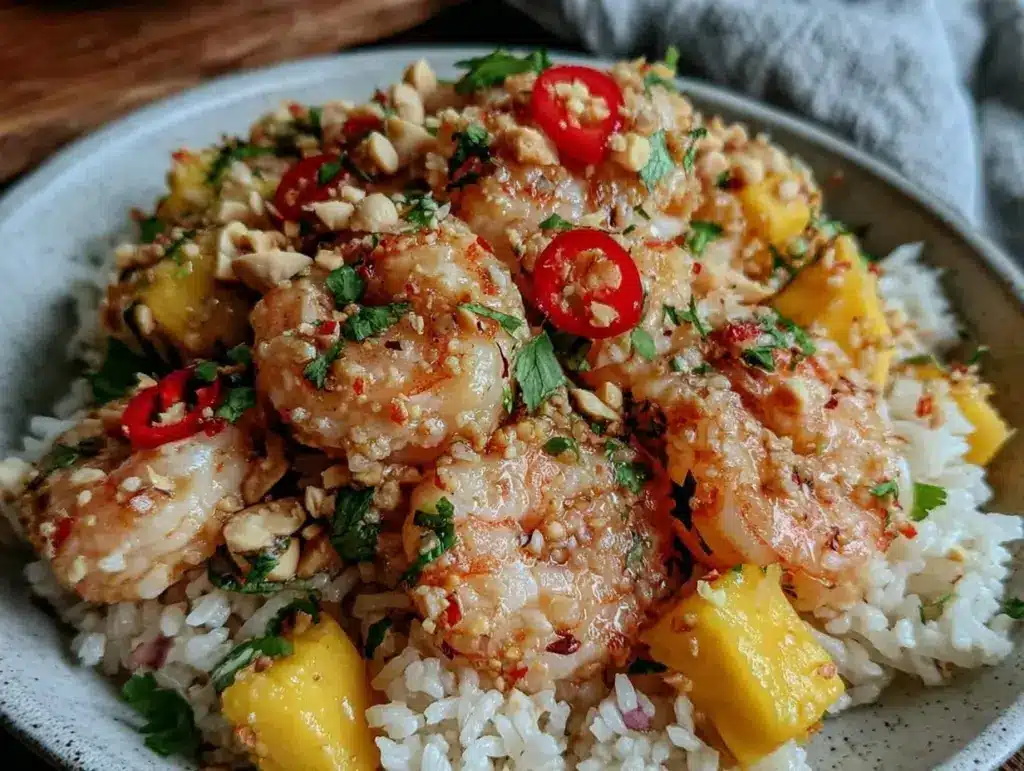 salade de riz thaï aux crevettes mangue et cacahuètes - featured image