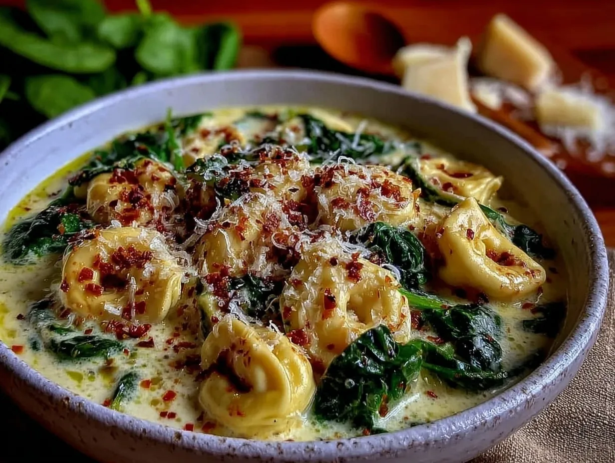 soupe crémeuse tortellini épinards preparation steps