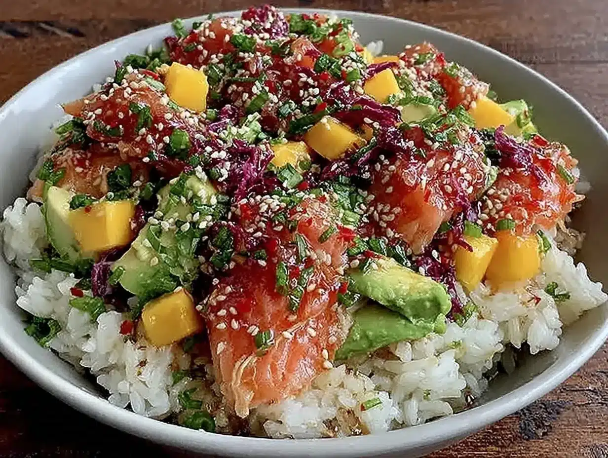 sushi bowl saumon avocat mangue preparation steps