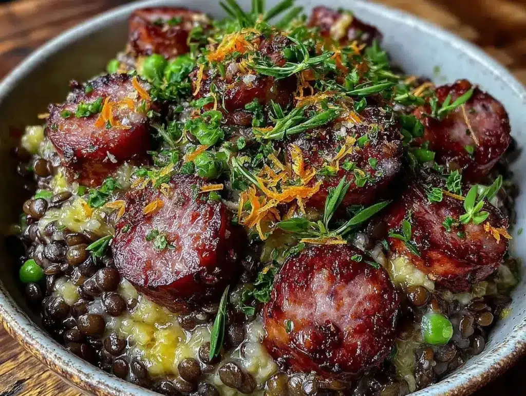 lentilles à la saucisse fumée et moutarde - featured image