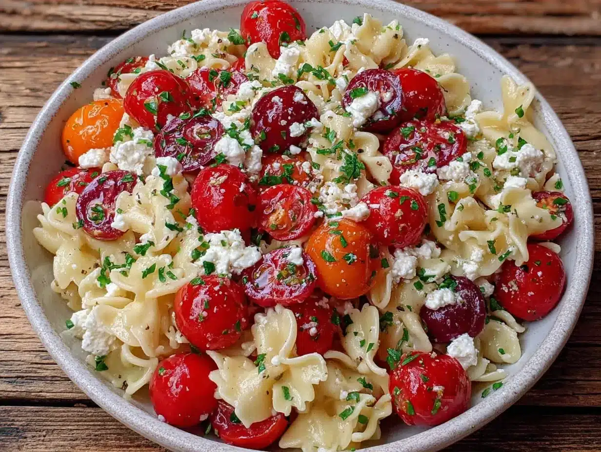 salade de pâtes crémeuse feta tomates cerises preparation steps