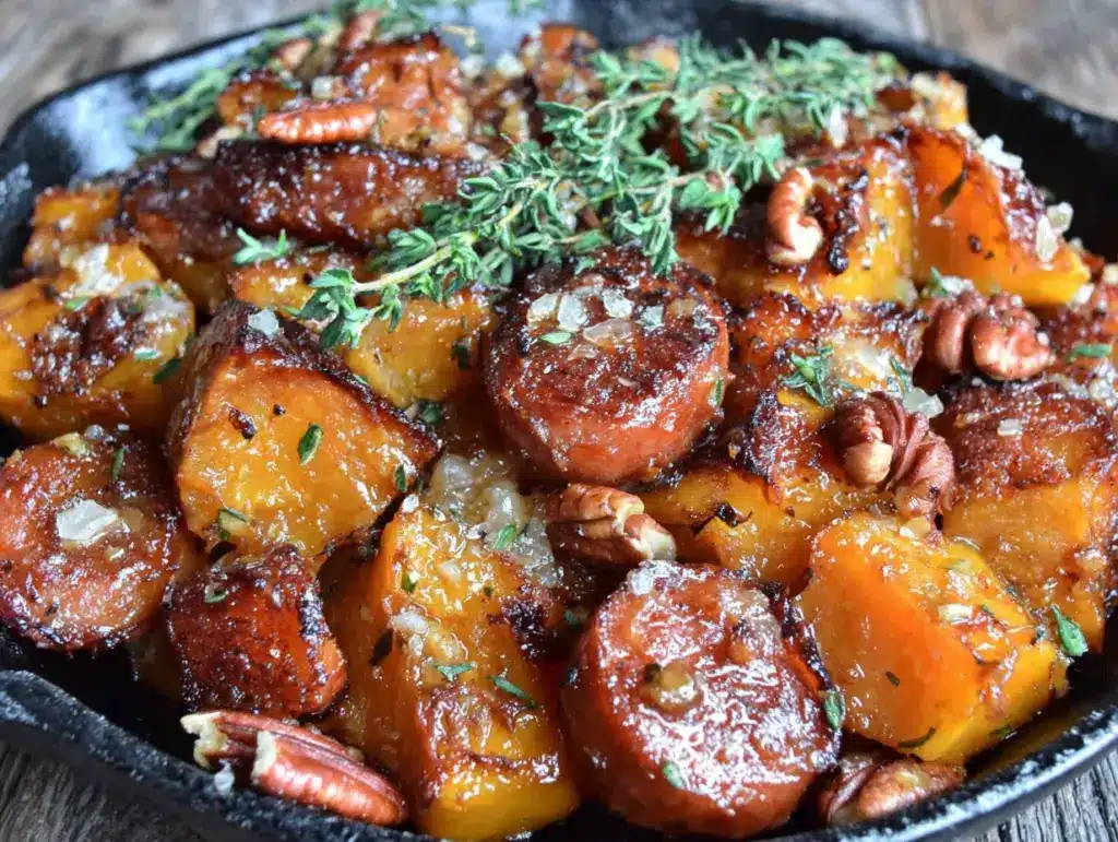 skillet réconfortant saucisse et courge butternut à l’érable - featured image