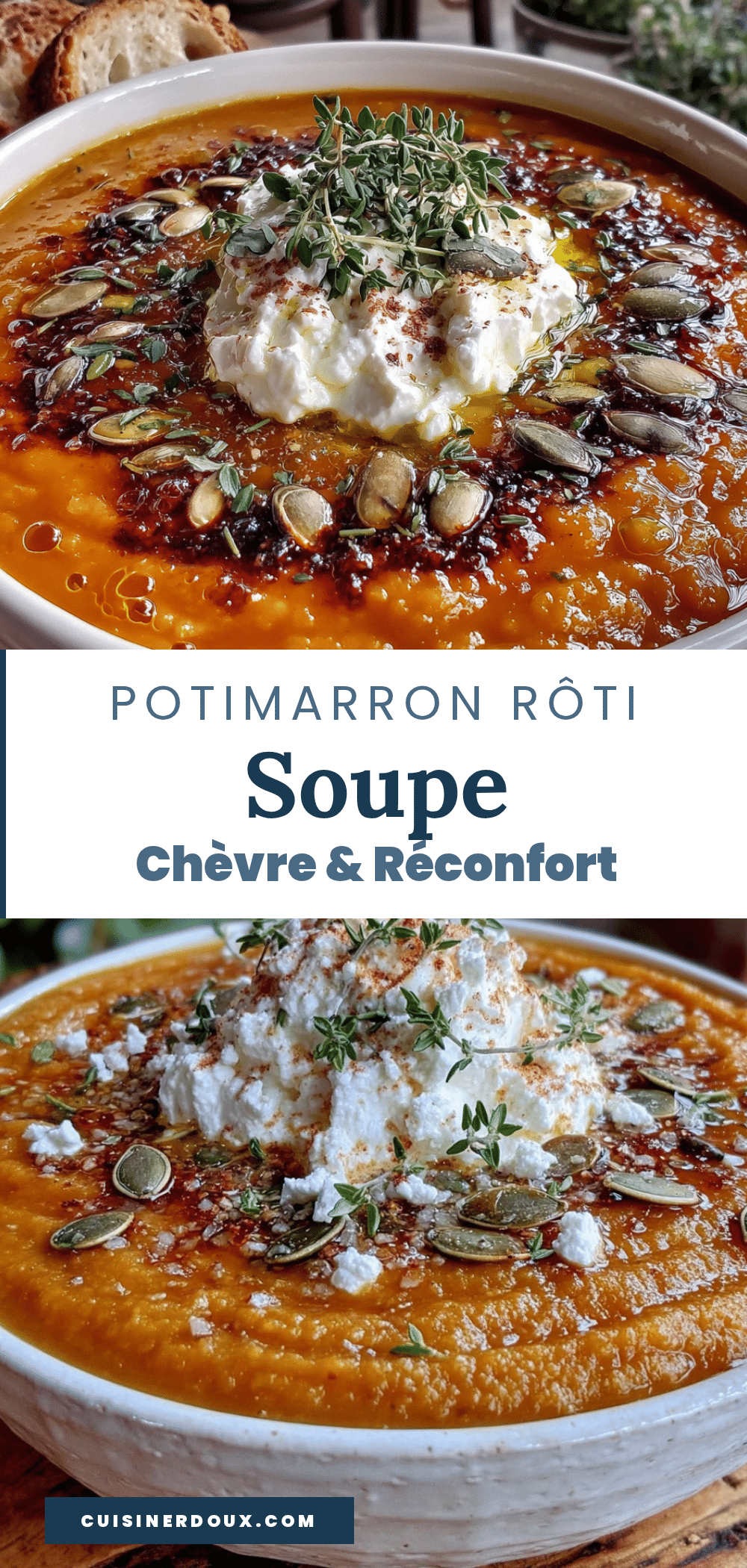 Soupe de potimarron rôti au four et chèvre recipe